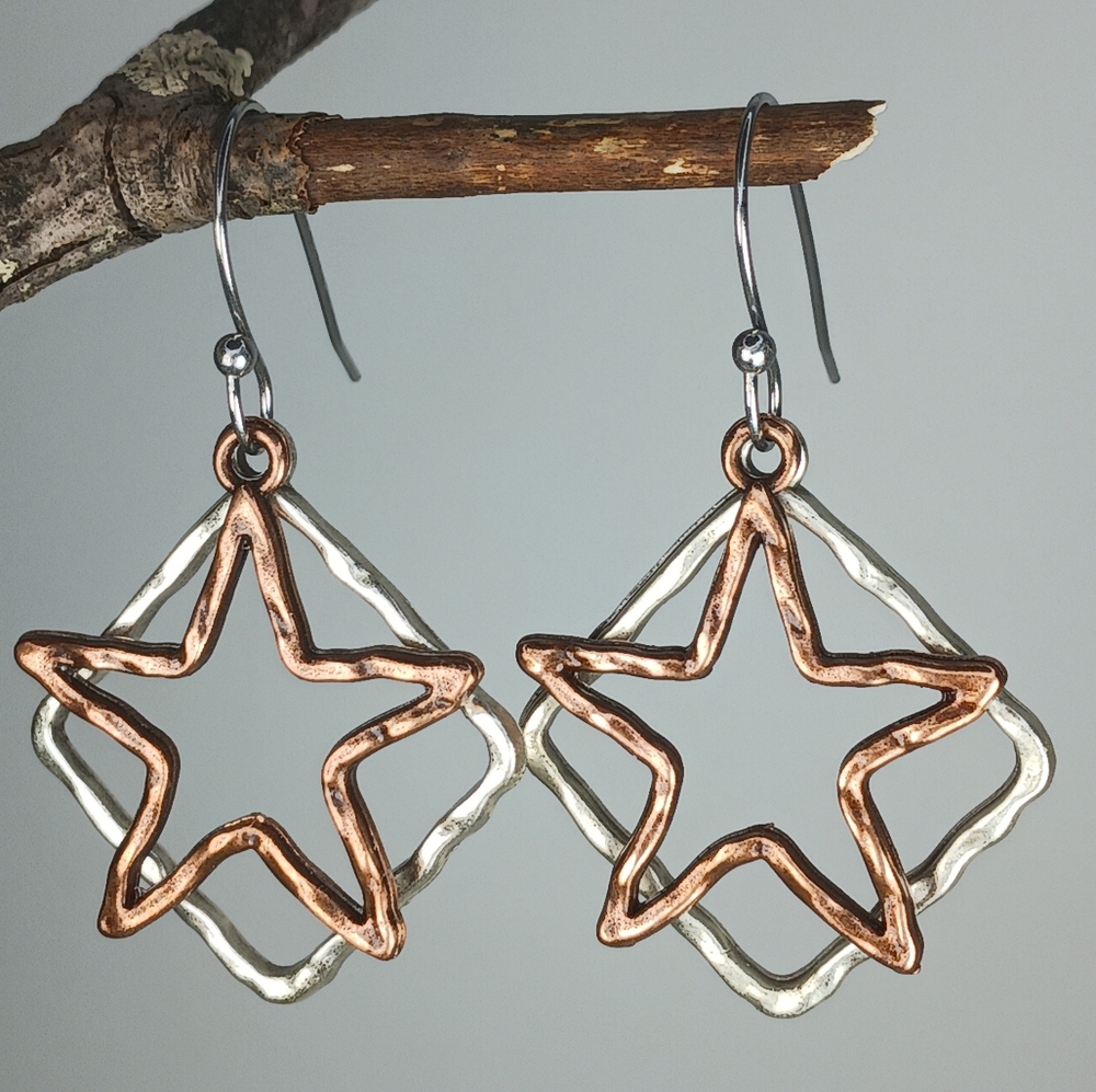 HAND CRAFTED EARRINGS Boho Celestial Copper Star Silver Mixed Metal Dangle Drop - Picture 2 of 6